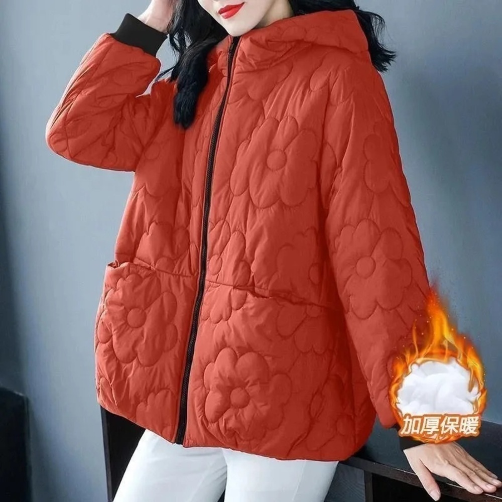 Women's Floral Quilted Orange Puffer Jacket Size L